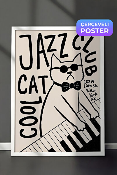 Postifull Beyaz Çerçeveli Tablo,  Duvar Tablosu, Cool Cat Jazz Club Comfort S...