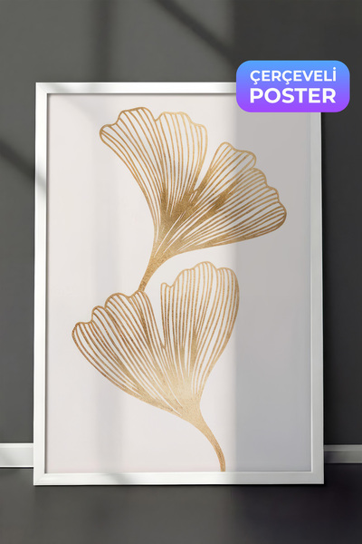 Postifull Gold Ginkgo Çerçeveli Tablo, Beyaz Çerçeve ve Poster, Dikey Duvar T...