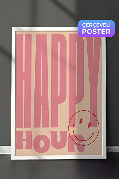 Postifull Beyaz Çerçeveli Tablo, Sanatsal Tasarım Duvar Tablosu, Happy Hour P...