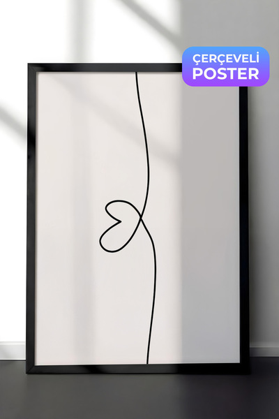 Postifull Line Heart Çerçeveli Tablo, Siyah Çerçeve ve Poster, Yatay Duvar Ta...