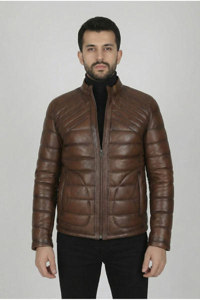 MASERTO Tan Straight Line Patterned Leather Coat