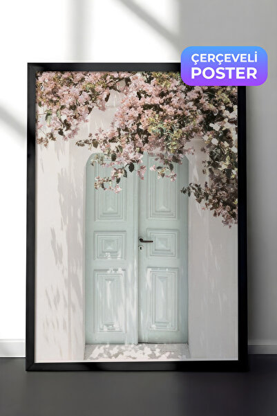 Postifull Slika uokvirena ružičastim cvetnim vratima, crni okvir i poster, zi...
