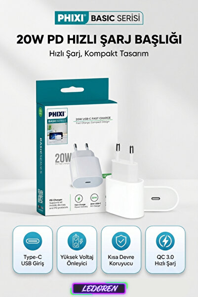 L'eDoren Basic 20W Qualcomm 3.0 Hızlı Şarj Adaptörü Priz Başlık Apple/Samsung...