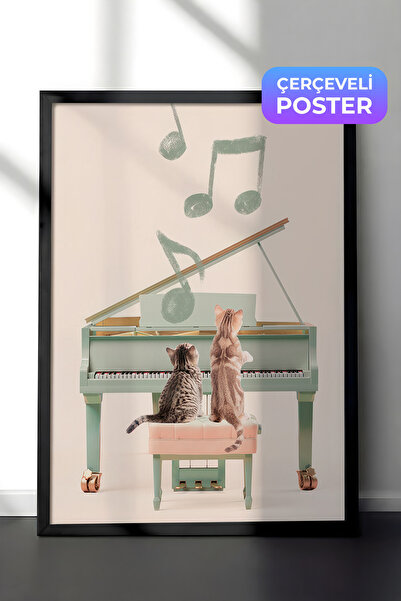 Postifull Cats Playing Piano Çerçeveli Tablo, Siyah Çerçeve ve Poster, Duvar ...