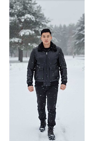 EGE DERİ %100 HAKİKİ KUZU DERİSİ KÜRKLÜ YAKASI ÇIKARILABİLİR SİYAH ERKEK MONT