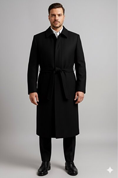 ECALAMODE Men's Black Cashmere Coat Long Belted Woolen Overcoat |   Regular F...