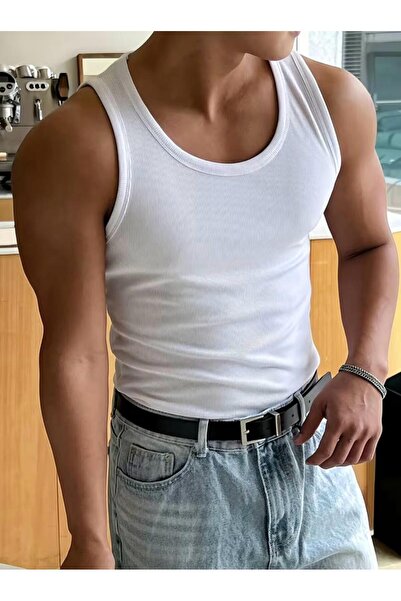 Riowela Erkek Tshirt Kolsuz Atlet Halter Yaka Likralı Pamuklu Beyaz