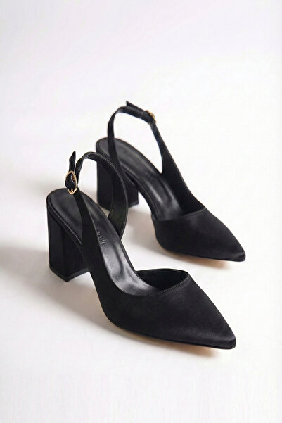 Shoesers Дамски черни сатенени обувки с асиметрични ремъци, заострени върхове...