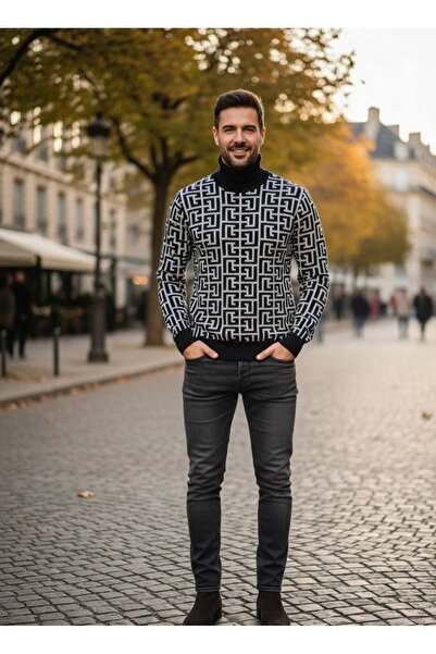 YusGos Men's Turtleneck Steel Knit Geometric Pattern Sweater