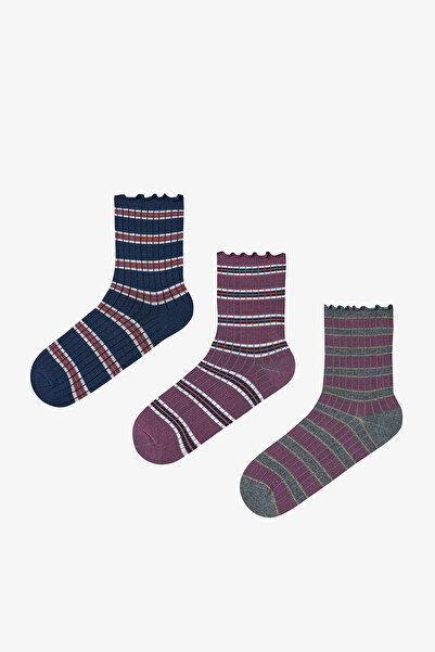 Penti Kahve Lacivert Ruffled Stripe 3lü Soket Çorap