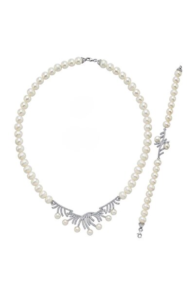 Birinci 925 Ayar Gümüş Kadın Zirkon Taşlı Çubuk Figürlü Doğal İnci Kolye Bile...