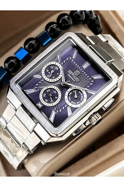 Reward مربع، لون فضي، نظام قفل خاص، حبل فولاذي، ساعة يد رجالية وظيفية + سوار