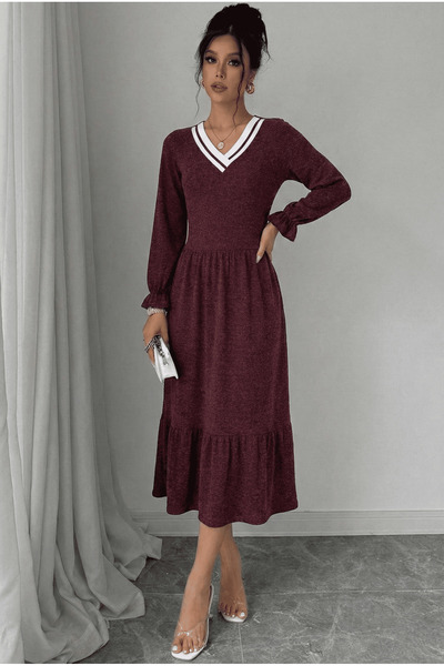 Avones فستان نسائي تريكو برقبة على شكل حرف V وأكمام طويلة من الصوف والفسكوز ب...