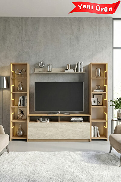Platinreyon LABİRENT LEDLİ DUVAR TV ÜNİTESİ TRAVERTEN KAPAK MEŞE