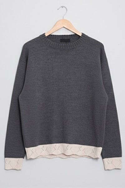 İmajButik Stone Crew Neck Knit Sweater with Guipure Detail on Sleeves and Hem