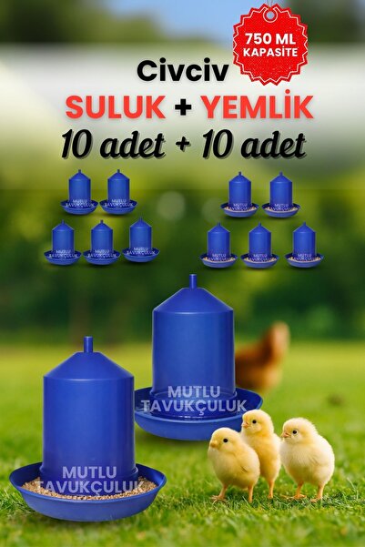 MUTLU TAVUKÇULUK Civciv Başlangıç 10 Adet Suluk 10 Adet Yemlik Takım 750 ml K...