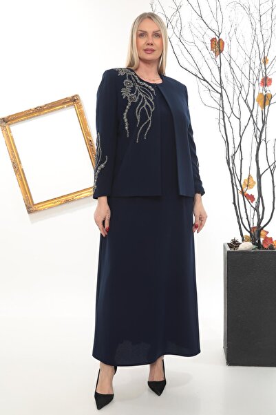 MİSS DİAMOND Navy Blue Jacket Dress with Stone Embroidery on the Shoulder and...