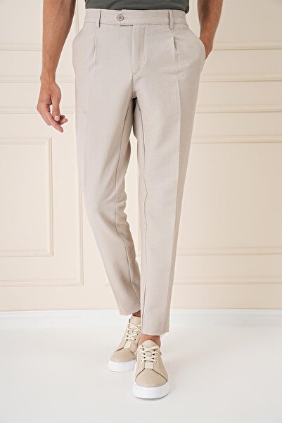 Efor Comfort Fit Gofre Kumaş Pileli Pamuk Casual Bej Pantolon P 1148