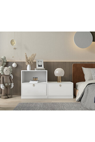 Nettrends Modüler çift parça komodin seti düşer kapaklı raflı ayaksız mat bey...