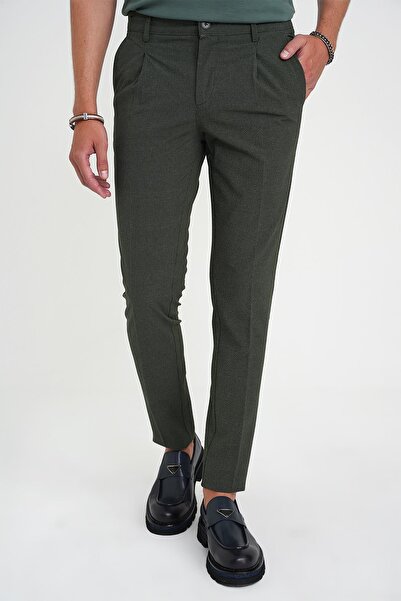 Efor Comfort Fit Beli Lastikli Tek Pileli Dokulu Yeşil Pantolon P 1193