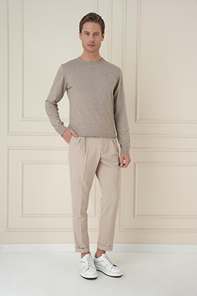 Efor Slim Fit Çift Pileli Yanlardan Tokalı Esnek Pamuk Bej Pantolon P 1167