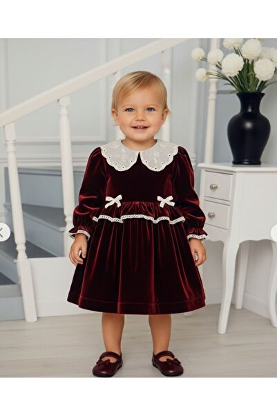 Eray Kids Kız Bebek Elbise Kadife Kız Bebek Dantel Detaylı Bebe Yaka Şık Elbi...