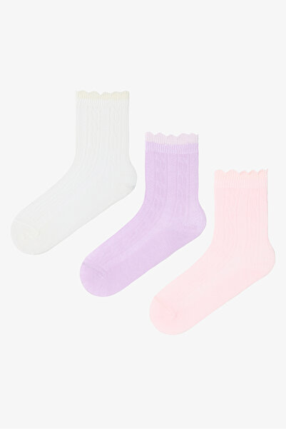 Penti Mixed Color Girl's Herringbone Patterned Cotton 3-Piece Socks