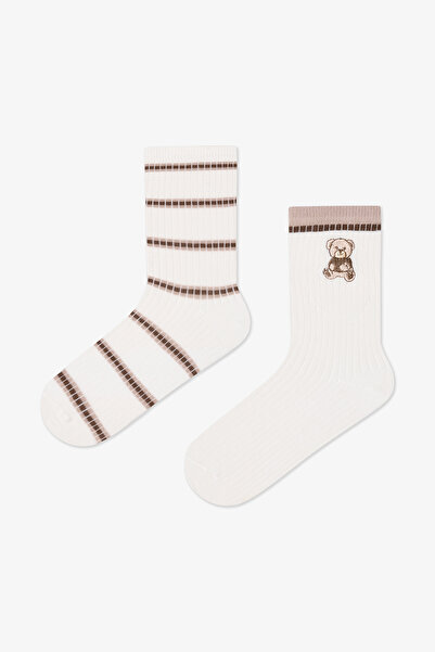 Penti 2 Pairs of Bear Embroidered and Striped Socks