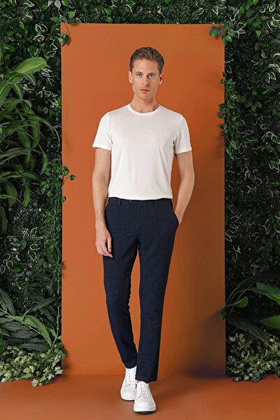 Efor Comfort Fit Beli Lastikli Pötikareli Casual Lacivert Pantolon P 1149