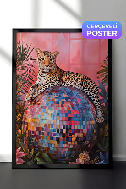 Postifull Siyah Çerçeveli Tablo, Leopard on Disco Ball, Comfort Serisi Mutfak...