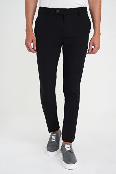 Efor Slim Fit Yan Cepli Esnek Düz Siyah Pamuk Pantolon P 1197
