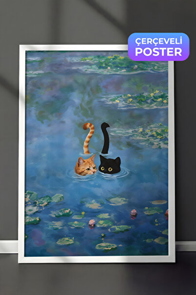 Postifull Beyaz Çerçeveli Tablo, Cat Print Monet Waterlily - 3, Comfort Seris...