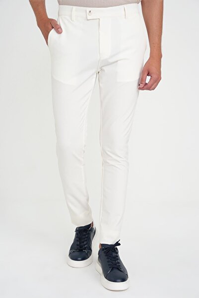 Efor Slim Fit Yan Cepli Esnek Düz Beyaz Pamuk Pantolon P 1197