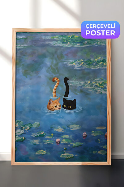 Postifull Картина в дерев'яній рамі, Cat Print Monet Waterlily - 3, Серія Com...