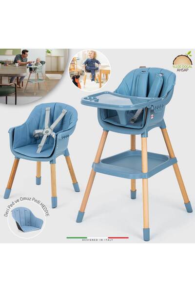 Elele Verona 2 4in1 Ahşap Bebek Mama Sandalyesi ve Mama Oturağı Deri Pedli Mavi
