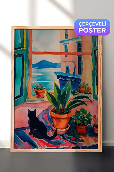 Postifull Slika u drvenom okviru, crna mačka, serija Comfort, kuhinjska drven...