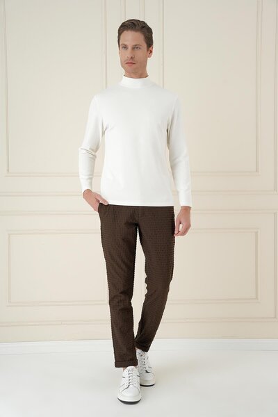 Efor Slim Fit Waffle Kumaş Esnek Pamuk Kahverengi Pantolon P 1168