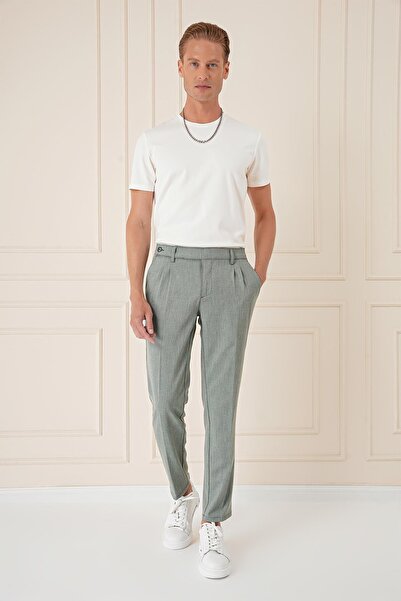 Efor Comfort Fit Çift Pileli Dokulu Esnek Pamuk Yeşil Pantolon P 1158