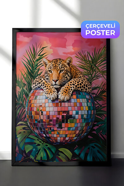 Postifull Siyah Çerçeveli Tablo, Leopard on Disco Ball, Comfort Serisi Mutfak...