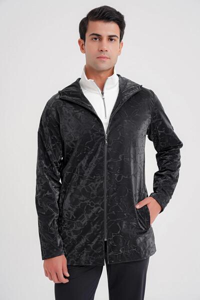 Efor Comfort Fit Kapüşonlu Fermuarlı Desenli Siyah Mont MT 179