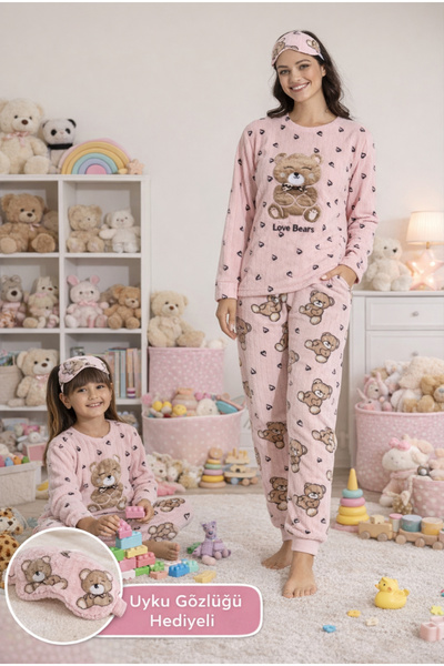 Tarık Pembe polar anne kız kombin pijama takımı