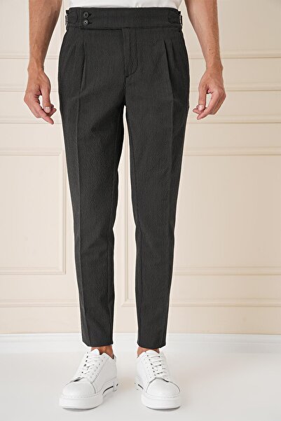 Efor Yandan Tokalı Çift Pileli Esnek Pamuk Siyah Pantolon P 1160