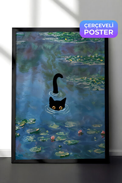 Postifull Siyah Çerçeveli Tablo, Cat Print Monet Waterlily - 2, Comfort Seris...