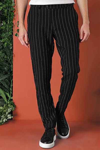 Efor Comfort Fit Yandan Tokalı Çizgili Keten Casual Siyah Pantolon P 1151