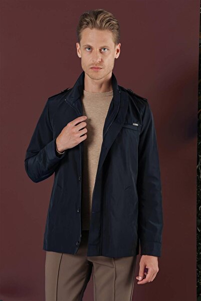 Efor Hakim Yaka Düğme ve Fermuarlı Yan Cepli Mevsimlik Lacivert Mont Ka 077