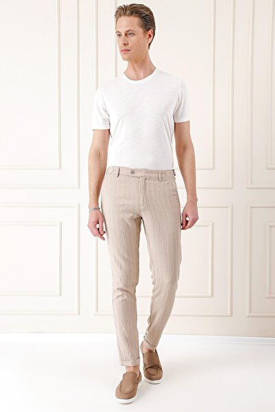 Efor Comfort Fit Yandan Tokalı Çizgili Keten Casual Bej Pantolon P 1151
