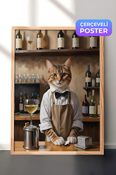 Postifull Slika u drvenom okviru, mačka barista, drvena slika za kuhinju seri...