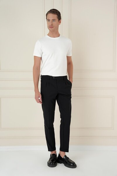 Efor Slim Fit Çift Pileli Yanlardan Tokalı Esnek Pamuk Siyah Pantolon P 1162