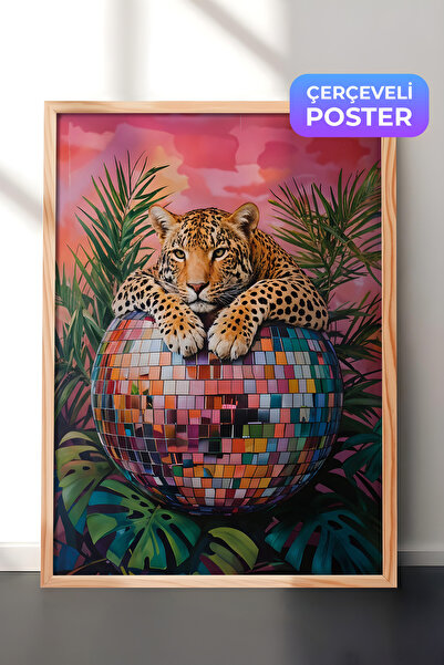 Postifull Ahşap Çerçeveli Tablo, Leopard on Disco Ball, Comfort Serisi Mutfak...