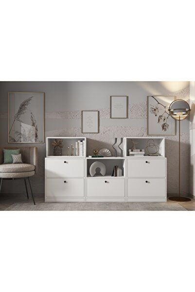 Nettrends Eva 3 Raflı 5 Düşer Kapaklı Modern Beyaz Konsol HVV-KNS-1001